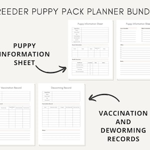 May include: A printable planner bundle for breeders, featuring a puppy information sheet, vaccination record, and deworming record. The planner is designed to help breeders keep track of their puppies' health and development.