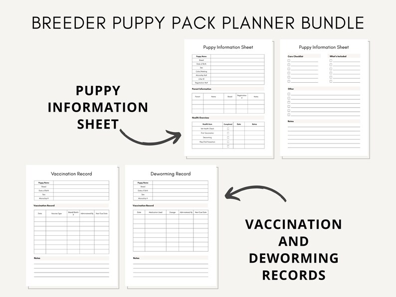May include: A printable planner bundle for breeders, featuring a puppy information sheet, vaccination record, and deworming record. The planner is designed to help breeders keep track of their puppies' health and development.