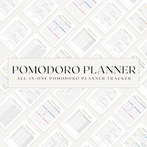 May include: Multiple Pomodoro Planner sheets with various layouts for task management and time tracking. The title "Pomodoro Planner" and the tagline "All-in-One Pomodoro Planner Tracker" are displayed in a central banner.