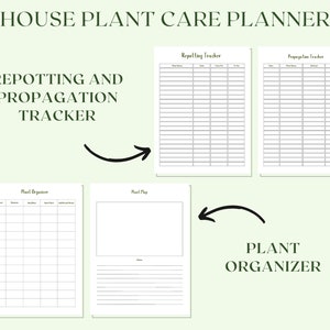 May include: Printable house plant care planner with sections for plant organizer, repotting tracker, and propagation tracker. The planner includes a plant list, plant notes, and a section for additional notes.