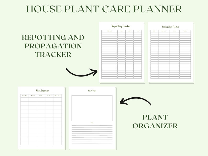 May include: Printable house plant care planner with sections for plant organizer, repotting tracker, and propagation tracker. The planner includes a plant list, plant notes, and a section for additional notes.