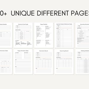 May include: Printable puppy planner pages with a variety of sections including feeding schedule, routine and care guide, puppy checklist, important dates and milestones tracker, worming information, puppy information sheet, vaccination record, deworming record, and feeding schedule.