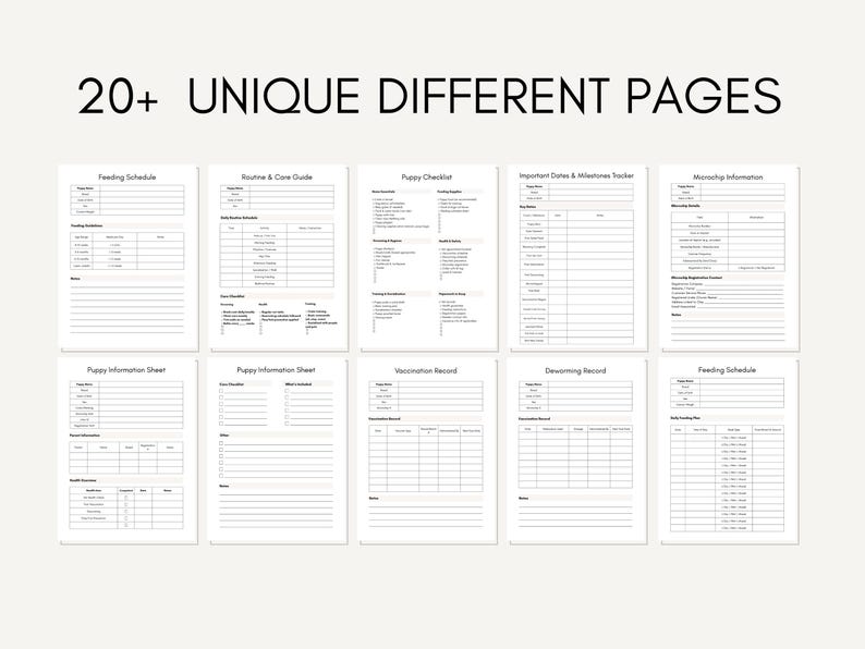 May include: Printable puppy planner pages with a variety of sections including feeding schedule, routine and care guide, puppy checklist, important dates and milestones tracker, worming information, puppy information sheet, vaccination record, deworming record, and feeding schedule.