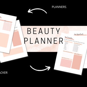 May include: A printable beauty planner with sections for a morning routine tracker, hair evaluation, and hair appointments. The planner has a pink and white color scheme.