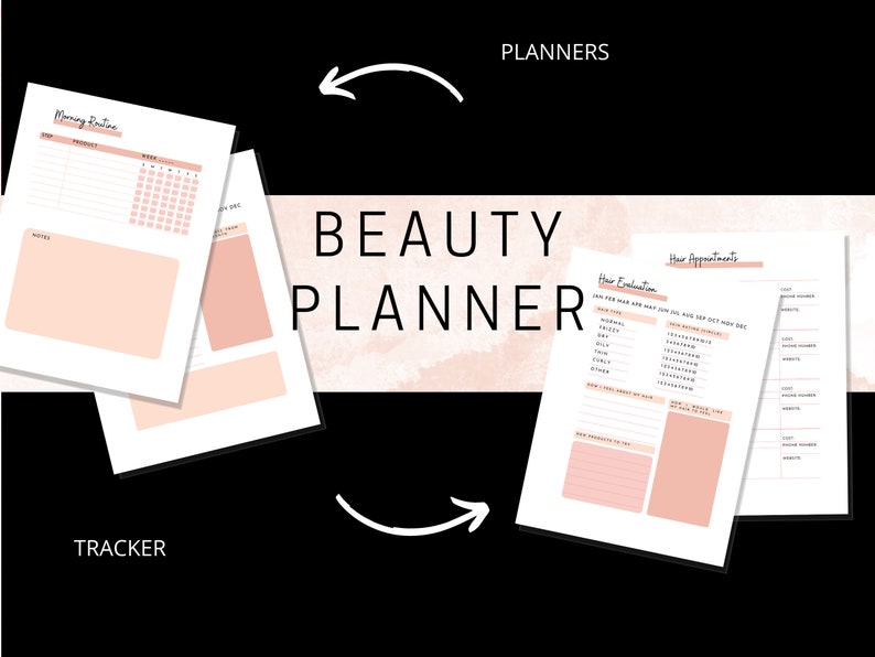 May include: A printable beauty planner with sections for a morning routine tracker, hair evaluation, and hair appointments. The planner has a pink and white color scheme.