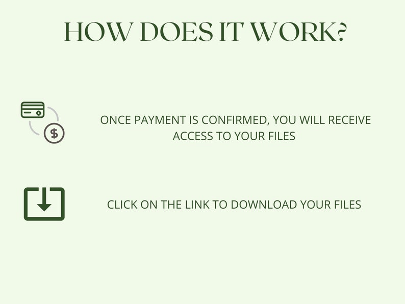 May include: A graphic showing how to access and download digital files after payment is confirmed. A credit card icon with a dollar sign is shown next to the text "ONCE PAYMENT IS CONFIRMED, YOU WILL RECEIVE ACCESS TO YOUR FILES". A download icon is shown next to the text "CLICK ON THE LINK TO DOWNLOAD YOUR FILES".
