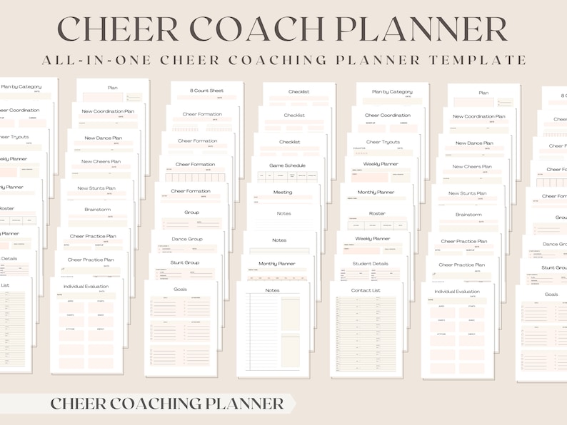 Peut inclure: Un mod&egrave;le de planificateur d'entra&icirc;neur de cheerleading imprimable avec un fond rose clair. Le planificateur comprend des pages pour la coordination des encouragements, les essais, la planification hebdomadaire et mensuelle, la liste des joueurs, les plans de pratique, les &eacute;valuations individuelles, et plus encore. Le texte "CHEER COACH PLANNER" appara&icirc;t en haut de l'image.