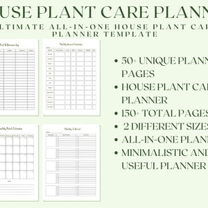 May include: A printable house plant care planner with four pages showing different sections: "Pest & Diseases Log", "Monthly Plant Calendar", "Planting Record Calendar", and "Planting To Do List". The planner is described as "Ultimate All-In-One House Plant Care Planner Template" and includes features like 50+ unique planner pages, 150+ total pages, 2 different sizes, an all-in-one planner, and a minimalistic and useful planner.