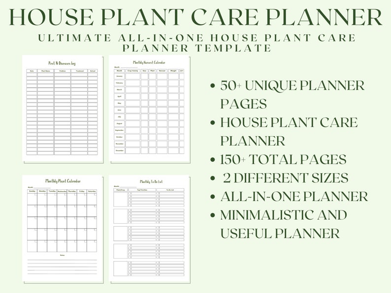 May include: A printable house plant care planner with four pages showing different sections: "Pest & Diseases Log", "Monthly Plant Calendar", "Planting Record Calendar", and "Planting To Do List". The planner is described as "Ultimate All-In-One House Plant Care Planner Template" and includes features like 50+ unique planner pages, 150+ total pages, 2 different sizes, an all-in-one planner, and a minimalistic and useful planner.