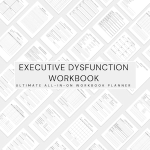 Könnte beinhalten: Eine Sammlung weißer Arbeitsbuchseiten mit verschiedenen Layouts, darunter Checklisten, Kalender und Bereiche zur Zielsetzung. Der Text "EXECUTIVE DYSFUNCTION WORKBOOK" ist prominent dargestellt, darunter "ULTIMATE ALL-IN-ON WORKBOOK PLANNER".