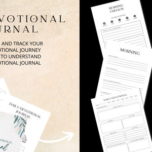 Op de afbeelding: Een printbaar devotiejournaal met een bloemenontwerp. Het journaal bevat pagina's voor dagelijkse reflecties, schrift en gebed. De tekst op de omslag luidt "DEVOTIONAL JOURNAL".