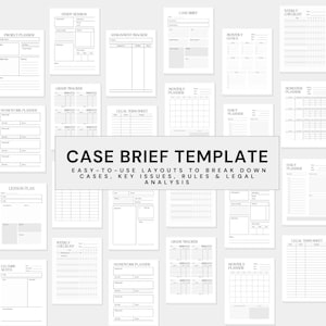 May include: A collection of white paper templates for various planning needs. Includes templates for project planning, homework, lesson plans, and case briefs. The central template is labeled "CASE BRIEF TEMPLATE" with supporting text.