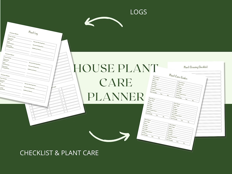 May include: Printable house plant care planner with checklists and logs. Includes sections for plant care guides, cleaning checklists, and plant logs.