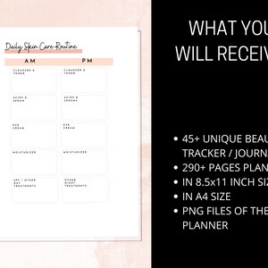 May include: A printable daily skin care routine planner with sections for AM and PM routines. The planner includes sections for cleanser and toner, acids and serums, eye cream, moisturizer, and other treatments. The planner is in black and white with a pink background.