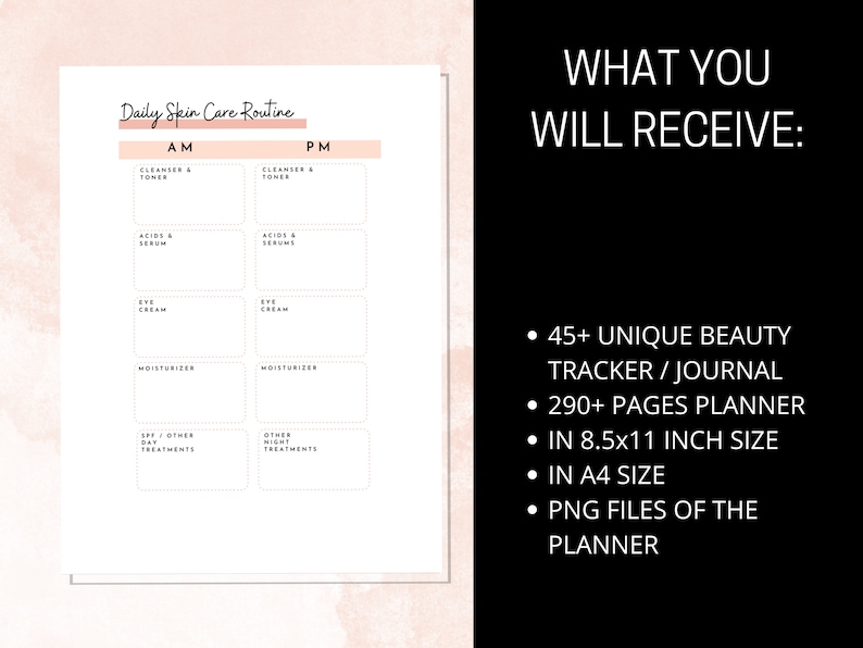 May include: A printable daily skin care routine planner with sections for AM and PM routines. The planner includes sections for cleanser and toner, acids and serums, eye cream, moisturizer, and other treatments. The planner is in black and white with a pink background.