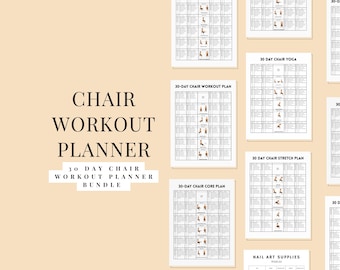 30 Day Chair Workout Bundle, Chair Workout Plan, Seated Workout, Chair Workout, Chair Yoga Chart, Beginner Yoga, Chair Exercise, Chair Yoga
