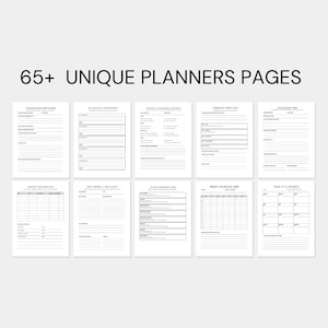 May include: A set of white planner pages with black text, featuring sections for notes, schedules, and affirmations. The text at the top reads "65+ UNIQUE PLANNERS PAGES".