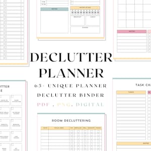 May include: A digital declutter planner with various pages for organization. The planner includes sections for daily water intake, notes, a 30-day declutter challenge, and a task chart. The text "Declutter Planner" is prominently displayed.