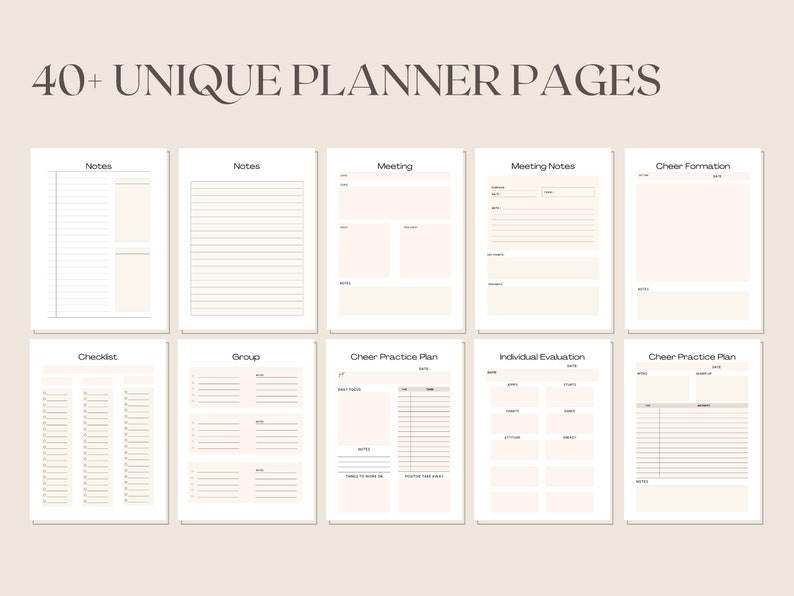 Peut inclure: Un ensemble de pages de planificateur imprimables avec des titres tels que "Notes", "R&eacute;union", "Liste de contr&ocirc;le", "Groupe", "Plan d'entra&icirc;nement aux encouragements", "&Eacute;valuation individuelle" et "Formation aux encouragements".
