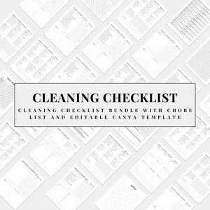 Puede incluir: Una colección de listas de verificación de limpieza imprimibles en blanco, que incluyen listas de tareas diarias, semanales y mensuales. La imagen presenta el texto "CLEANING CHECKLIST" y "CLEANING CHECKLIST BUNDLE WITH CHORE LIST AND EDITABLE CANVA TEMPLATE".