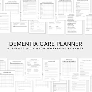 Könnte beinhalten: Ein Demenzpflegeplaner, dargestellt als Sammlung weißer Papierseiten mit schwarzem Text. Der Titel "Dementia Care Planner" ist deutlich sichtbar. Der Planer enthält Abschnitte für Tracking, Routinen und wichtige Dokumente.