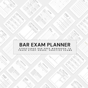 Pode incluir: Uma coleção de folhas de papel brancas com vários layouts, incluindo planejadores e rastreadores. O texto central diz "BAR EXAM PLANNER" com detalhes sobre o acompanhamento das horas de estudo e exames práticos. O tema geral são as ajudas de estudo.