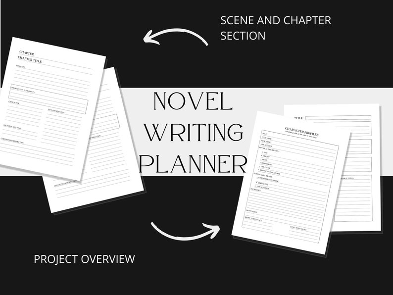 May include: A black and white printable novel writing planner with sections for project overview, character profiles, scene and chapter, and chapter title. The planner is designed to help writers organize their novel writing process.