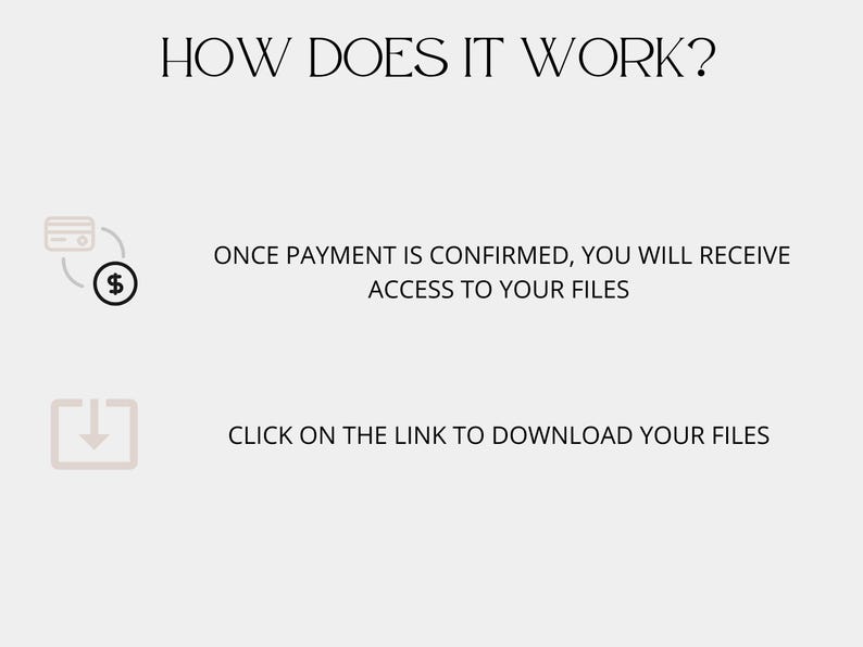 May include: A diagram explaining how to access and download digital files after payment is confirmed. The first step shows a credit card with a dollar sign, indicating payment. The second step shows a download icon, indicating the download process.