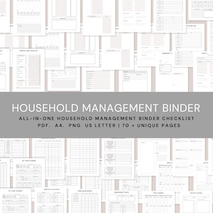 Könnte beinhalten: Eine Sammlung druckbarer Seiten für einen Haushaltsmanagement-Ordner in einer neutralen Farbpalette. Die Seiten enthalten Checklisten, Planer und Formulare für verschiedene Haushaltsaufgaben. Der Text auf dem Bild lautet: "HOUSEHOLD MANAGEMENT BINDER".