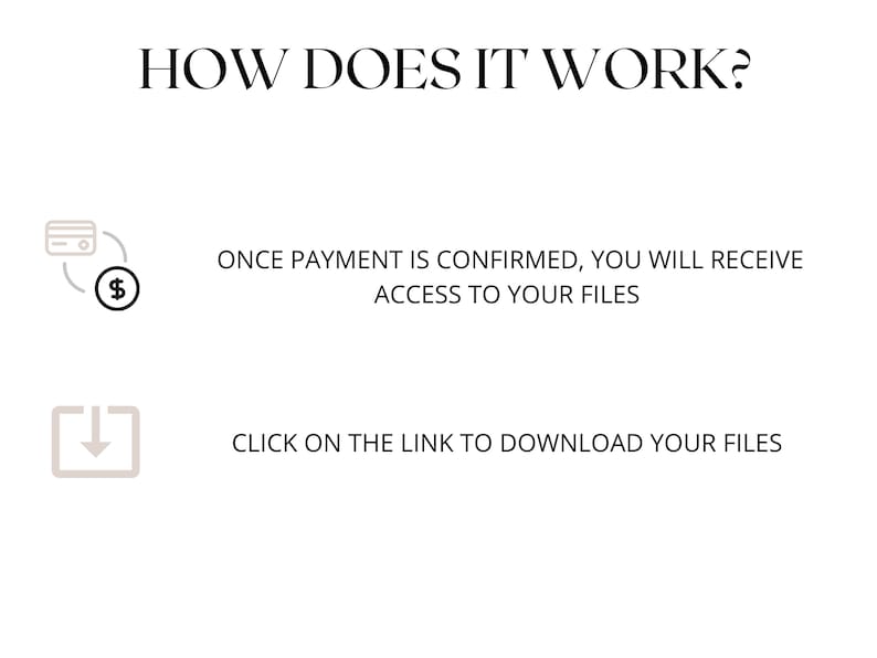 May include: Illustration showing how to download digital files after purchase. A credit card icon with a pound sign inside a circle represents payment. A download icon represents the download process. Text reads: "HOW DOES IT WORK? ONCE PAYMENT IS CONFIRMED, YOU WILL RECEIVE ACCESS TO YOUR FILES CLICK ON THE LINK TO DOWNLOAD YOUR FILES"