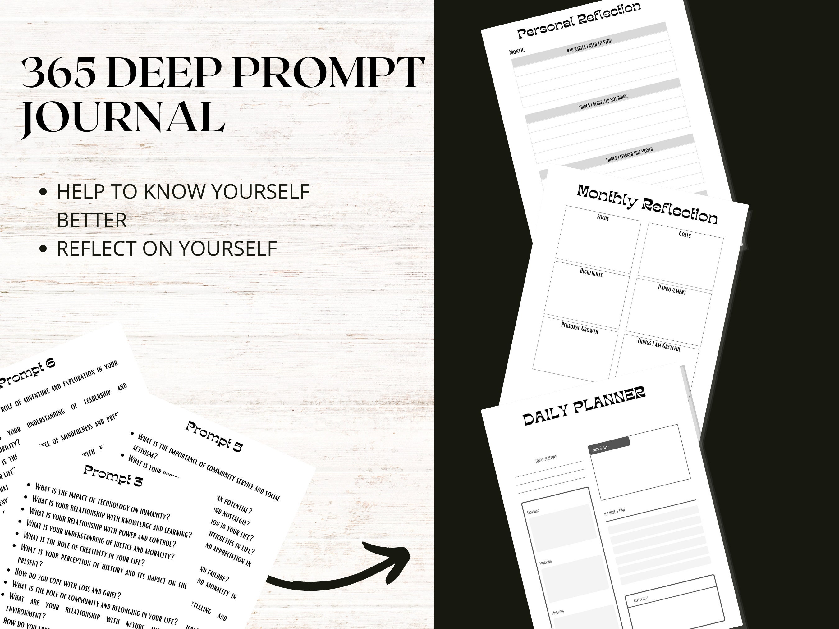 365 Prompts Journal, Deep Thought Writing Prompts, 5 Minute Journal, Self Care Journal, Writing