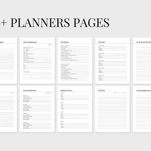 Op de afbeelding: Zwart-witte printbare plannerpagina's met titels zoals "Lidmaatschap/Abonnement", "Financi&euml;le informatie", "Veilige stortingen", "Wachtwoorden", "Mijn wensen voor mijn collega's", "Belangrijke contacten", "Mijn wensen" en "Aanbevelingen voor mijn begrafenis".