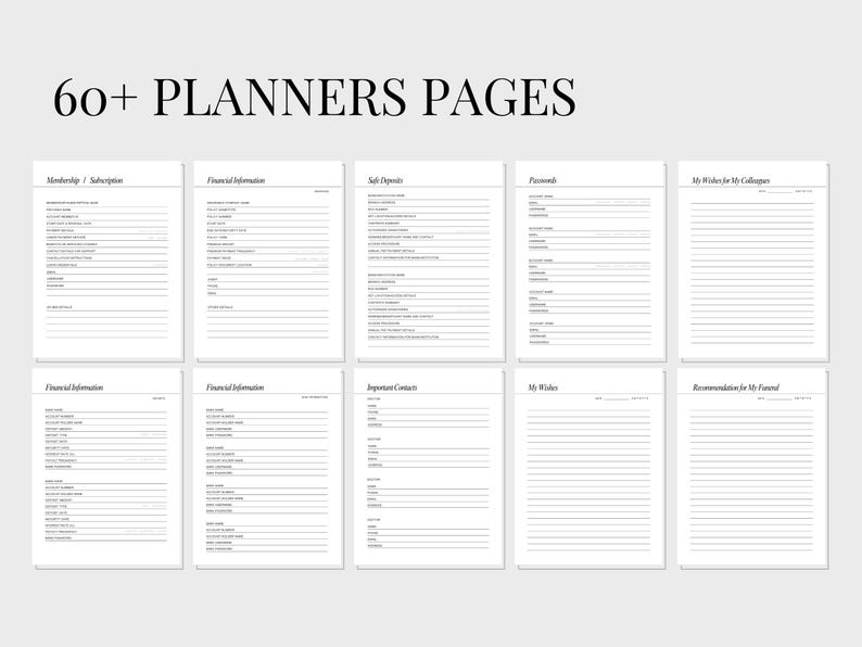 Op de afbeelding: Zwart-witte printbare plannerpagina's met titels zoals "Lidmaatschap/Abonnement", "Financi&euml;le informatie", "Veilige stortingen", "Wachtwoorden", "Mijn wensen voor mijn collega's", "Belangrijke contacten", "Mijn wensen" en "Aanbevelingen voor mijn begrafenis".