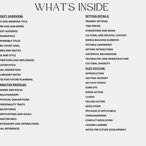May include: A black and white graphic outlining the key elements to consider when creating a story or novel. The graphic includes sections for project overview, character profiles, setting details, and plot outline.