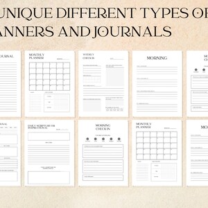Op de afbeelding: Een printbare set van 7+ planner- en dagboektemplates. De templates omvatten een dankbaarheidsdagboek, een maandplanner, een wekelijkse check-in, een ochtendcheck-in, een dagelijkse devotie, een dagelijkse schrift of inspiratie, en een ochtendpagina.