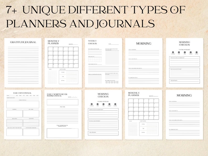 Op de afbeelding: Een printbare set van 7+ planner- en dagboektemplates. De templates omvatten een dankbaarheidsdagboek, een maandplanner, een wekelijkse check-in, een ochtendcheck-in, een dagelijkse devotie, een dagelijkse schrift of inspiratie, en een ochtendpagina.