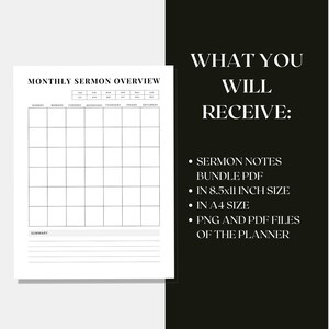 May include: A white Monthly Sermon Overview planner with a grid layout for sermon tracking. The text "WHAT YOU WILL RECEIVE:" is displayed, along with details about the PDF bundle, including 8.5x11 inch and A4 sizes, and PNG/PDF files.