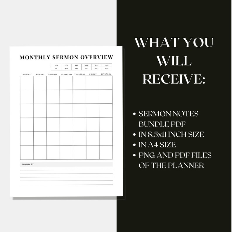 May include: A white Monthly Sermon Overview planner with a grid layout for sermon tracking. The text "WHAT YOU WILL RECEIVE:" is displayed, along with details about the PDF bundle, including 8.5x11 inch and A4 sizes, and PNG/PDF files.