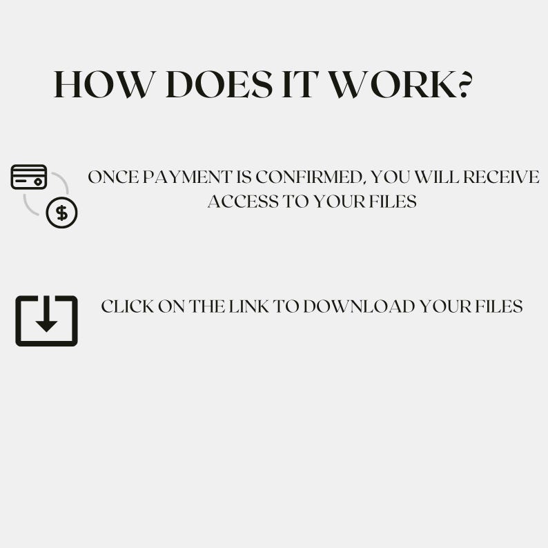 May include: Infographic with the text "HOW DOES IT WORK?". It shows a credit card and dollar sign icon, with the text "ONCE PAYMENT IS CONFIRMED, YOU WILL RECEIVE ACCESS TO YOUR FILES". Below is a download icon and the text "CLICK ON THE LINK TO DOWNLOAD YOUR FILES".