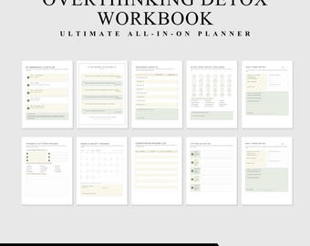 Arbeitsbuch zur Entgiftung von Grübeleien, geführte PDF-Datei zum Ausdrucken, kognitives Verhaltensjournal, Arbeitsblätter gegen Angstzustände und Grübeleien, Planer für einen Neustart der Denkweise