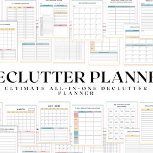 Op de afbeelding: Een printbare planner met een kleurrijk ontwerp en de tekst "Declutter Planner: Ultimate All-In-One Declutter Planner". De planner bevat pagina's voor dagelijkse, wekelijkse en maandelijkse planning, evenals checklists en uitdagingen voor opruimen.