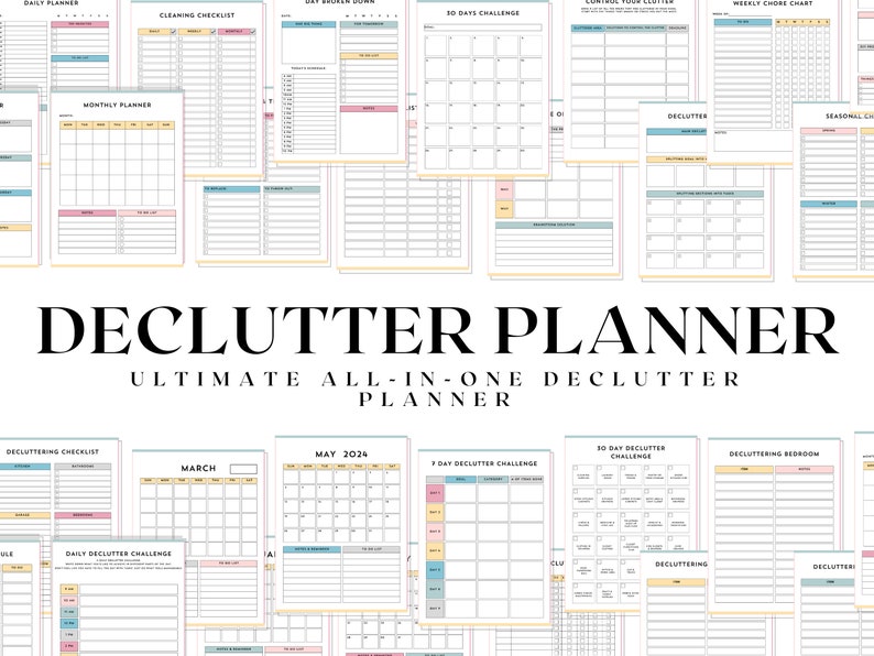 May include: A printable planner with a colourful design and the text "Declutter Planner: Ultimate All-In-One Declutter Planner". The planner includes pages for daily, weekly, and monthly planning, as well as checklists and challenges for decluttering.