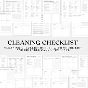 Può includere: Una raccolta di liste di controllo per la pulizia e liste di attività stampabili in un design minimalista. Il testo "CLEANING CHECKLIST" è visualizzato in modo prominente, insieme a "CLEANING CHECKLIST BUNDLE WITH CHORE LIST AND EDITABLE CANVA TEMPLATE". Le liste sono in tonalità di grigio e bianco.