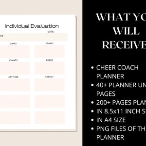 Peut inclure: Un planificateur d'entra&icirc;neur de cheerleading imprimable avec un design noir et blanc. Le planificateur comprend des sections pour les sauts, les acrobaties, les chants, la danse, l'attitude et l'&eacute;nergie. Le texte "Ce que vous recevrez" est list&eacute; avec des puces d&eacute;crivant les caract&eacute;ristiques du planificateur, notamment 40+ pages uniques, 200+ pages au total, format 8,5x11 pouces, format A4 et fichiers PNG.