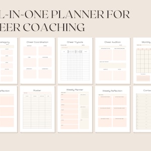 Peut inclure: Un planificateur imprimable pour les entra&icirc;neurs de cheerleading avec des sections pour la planification par cat&eacute;gorie, la coordination des cheerleaders, les essais de cheerleading, les auditions de cheerleading, la planification mensuelle, la r&eacute;flexion hebdomadaire, la liste des effectifs, la planification hebdomadaire, la liste de contacts, et plus encore.