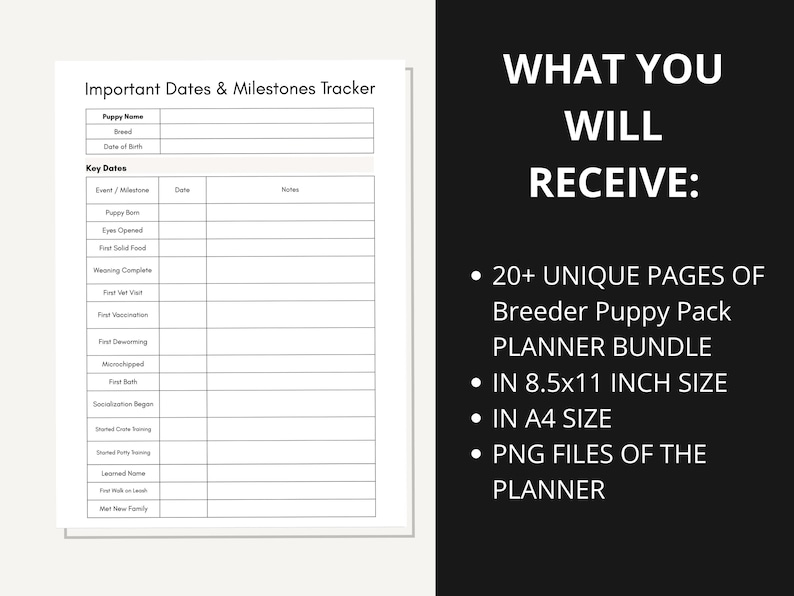 May include: Printable planner for tracking important dates and milestones for a puppy. The planner includes sections for key dates, such as puppy birth, first vet visit, and first vaccination. The planner is available in 8.5x11 inch and A4 size, and comes as a PNG file.