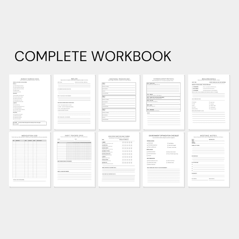 May include: A complete workbook with multiple pages, each with black text on a white background. The pages contain forms for tracking habits, medication, and other personal information. The title "COMPLETE WORKBOOK" is displayed at the top.
