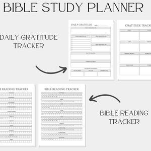 May include: A printable Bible study planner with sections for daily gratitude, gratitude tracker, and Bible reading tracker.