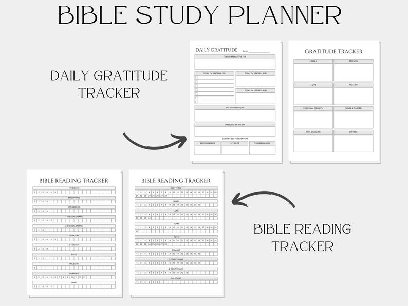 May include: A printable Bible study planner with sections for daily gratitude, gratitude tracker, and Bible reading tracker.