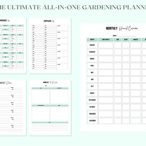 May include: A printable gardening planner with sections for purchase, suppliers, contact details, a monthly to-do list, and a monthly harvest calendar.